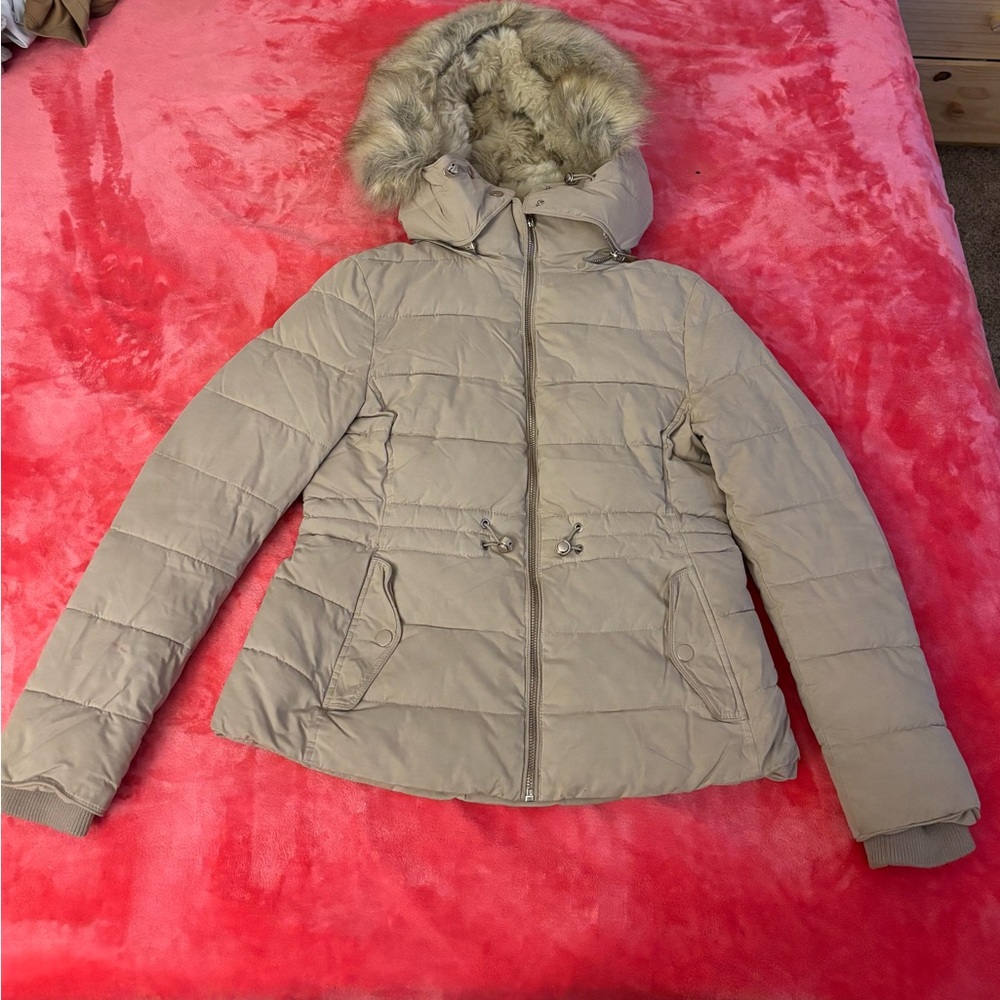 Zara Light Tan Puffer Coat with Fur Trim
